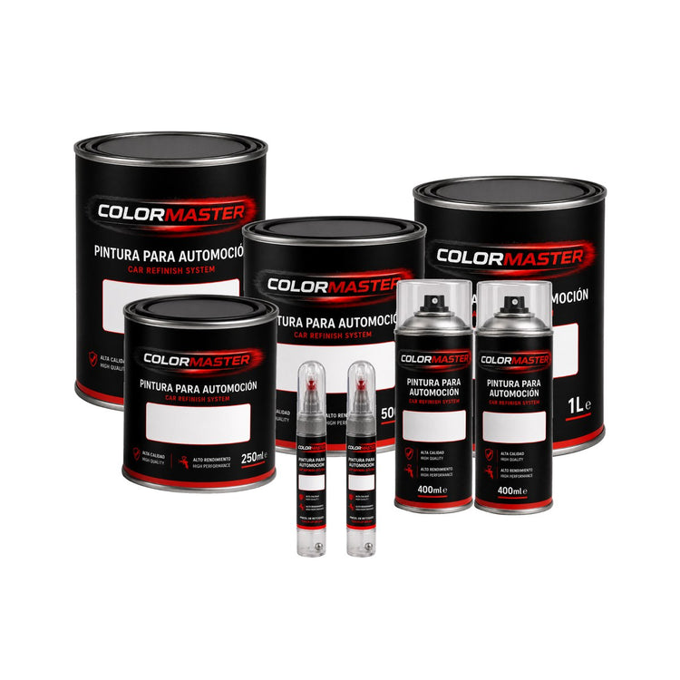 Formatos de pintura ColorMaster por código de color: latas de 1L, 500 ml y 250 ml, aerosoles de 400 ml y pinceles de retoque